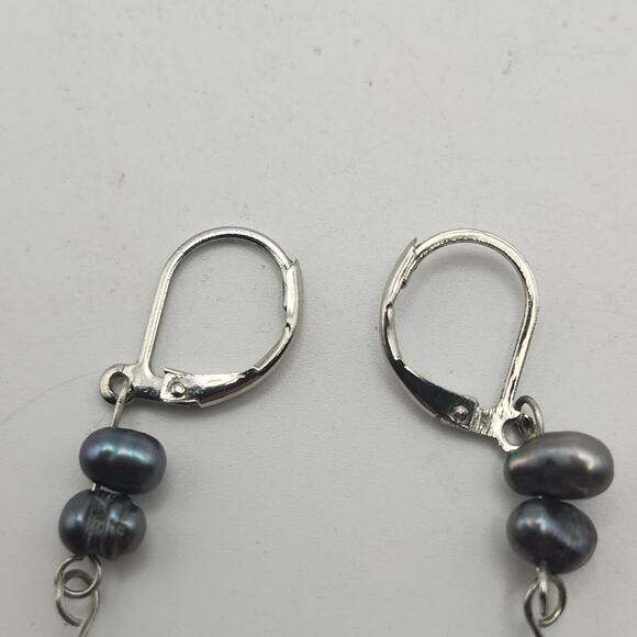 Blue Faux Pearl & Black Bead Dangle Earrings Leverback Crystal Drop Gothic - Picture 8 of 8